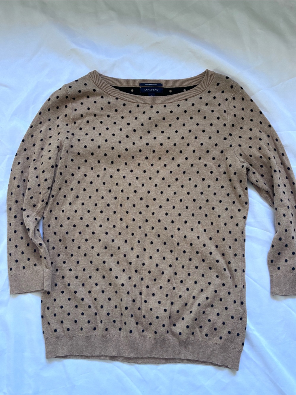 Lands' End Tan Knit Polka Dot Sweater with Black Dots